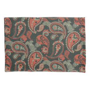 Tradicional Paisley Linocut Laranja Quente Verde
