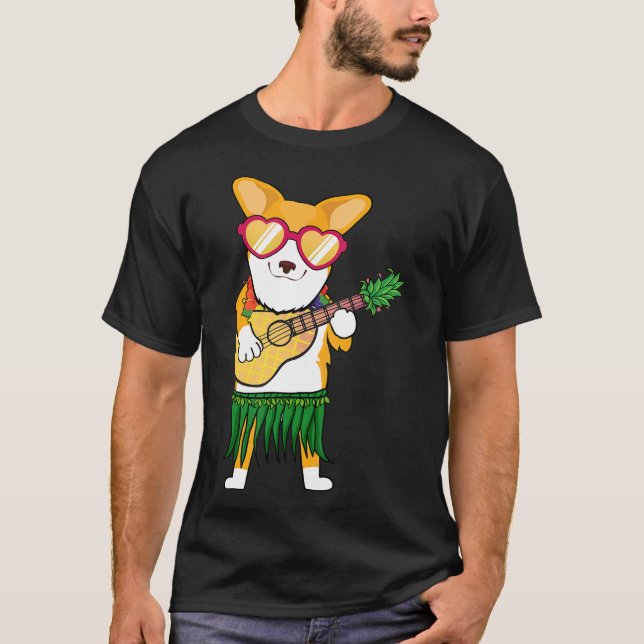 Traje havaiano Corgi Tocando Ukulele Camiseta de V (Frente)