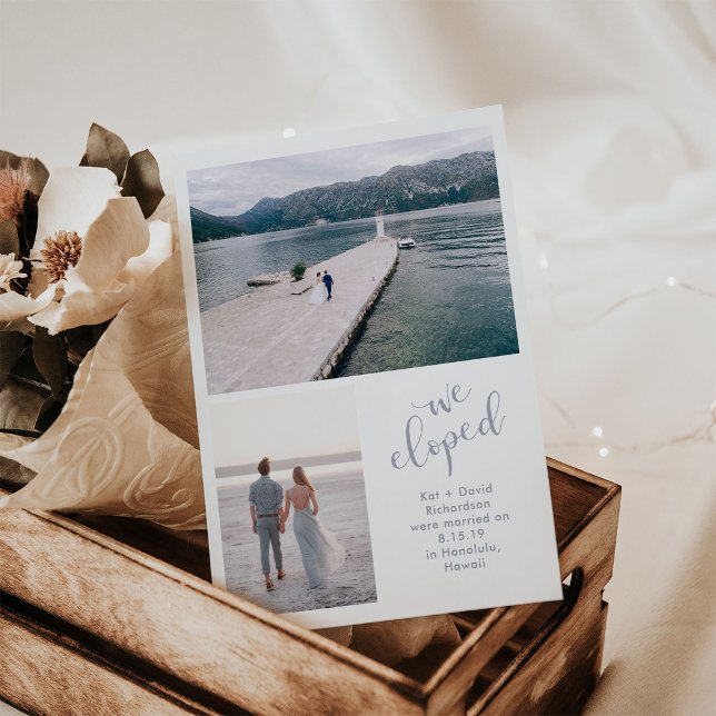 Tranquil Seas | Anúncio de duas fotos que publicam (A simple and elegant wedding elopement announcement with serene blue text and two of your photos)