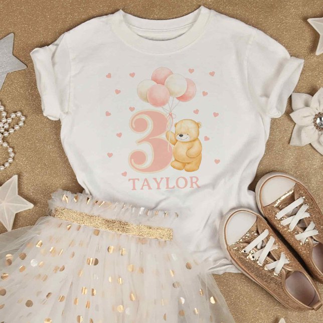 Transformando a camiseta de 3 anos com o nome Balõ (cute birthday t-shirt for 3 year old girl, fun t-shirt with number 3, Pink Teddy bear and balloons)