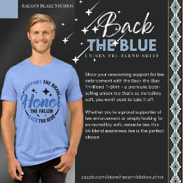 Traseira da camisa azul de três blendas