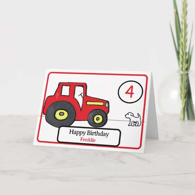 trator vermelho e cartão de quarto aniversário do  (Frente)
