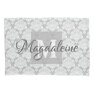 Travesseiro do cinza Damask com Monograma e Nome