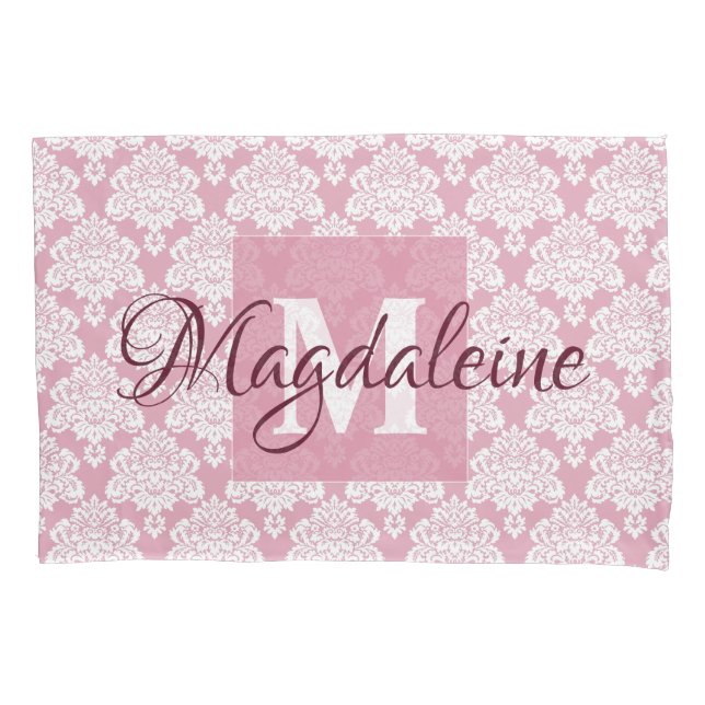 Travesseiro Dusty Rosa Damask com Monograma e Nome (Frente)