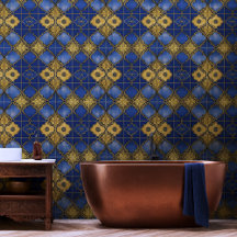 Treliça Marroquina com Quatrefoils Azul Dourado