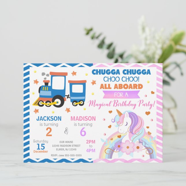 Trem Choo Choo e Unicórnio Convite de Aniversário  (Em pé/Frente)