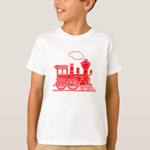 Trem vermelho da locomotiva de vapor no t-shirt