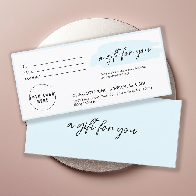 Trendência, moderna, escrita manual, logotipo, azu (Personalized, trendy, modern, handwriting, logo, light-blue gift certificate.)