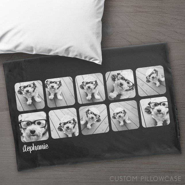 Trendy 10 Fotos - nome de script preto branco (Custom Pillowcase)