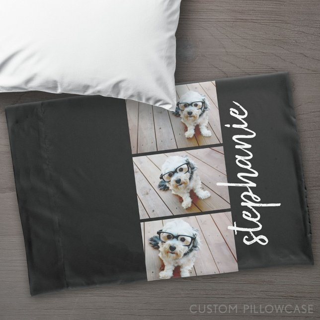 Trendy 3 Fotos preto branco moderno nome do script (Custom Pillowcase)