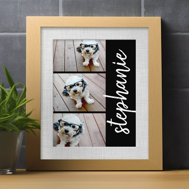 Trendy 3 Fotos preto branco moderno nome do script (Custom Frameable Art)