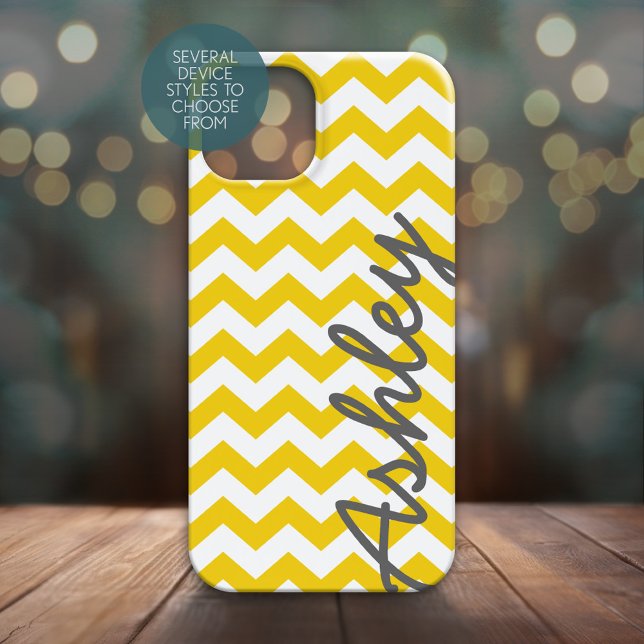 Trendy Chevron Pattern - script name yellow cinza (Personalized Phone Case with Yellow Chevrons and Large Script Name on the Side)