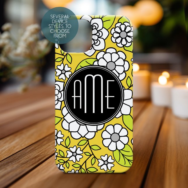 Trendy Daisy Floral Illustração - cinzas e amarelo (Personalized Phone Case with Monogram)