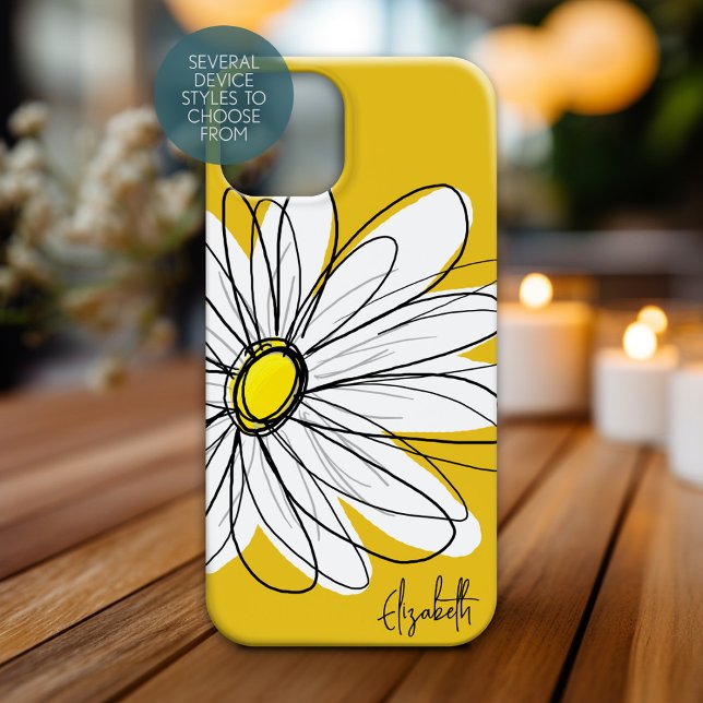 Trendy Daisy Floral Illustração Personalizada (Personalized Phone Case with Whimsical Daisy and Custom Name)