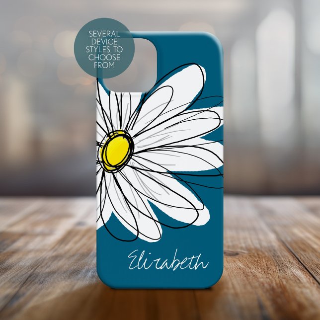 Trendy Daisy Floral Illustração Personalizada (Personalized phone case with a whimsical daisy and custom name)
