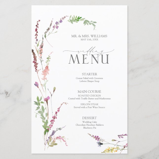 Trendy Elegant Wildflower Wedding Menu (Frente)
