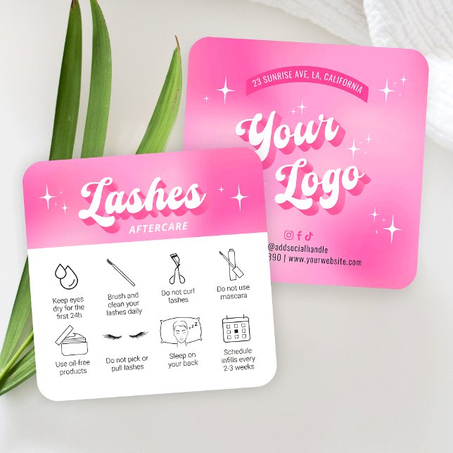 Trendy Girly Pink Lash Extensões de Cartões de Ate (Trendy lash extensions care cards with icons, featuring girly pink design, care icons & retro fonts)