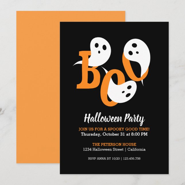 Trendy Halloween Party Boo Fantasma Convite Negro (Frente/Verso)