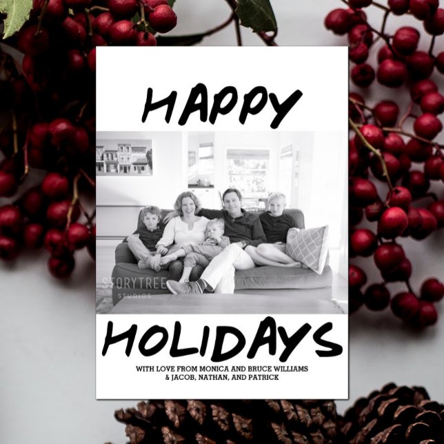 Trendy Happy Holidays Cartão com fotos | Preto (Black Trendy Happy Holidays Photo Card)