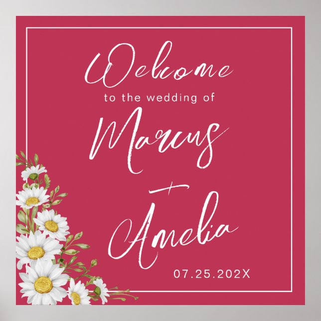 Trendy Magenta & White Daisies Poster de Casamento (Frente)