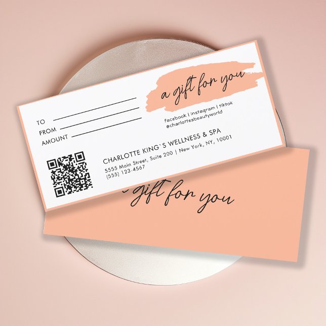Trendy, moderno, manuscrito, com código qr, coral (Personalized, trendy, modern, handwriting, with qr-code, coral gift certificate.)
