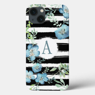 Trendy Monogramas Black White Stripes Blue Flowers
