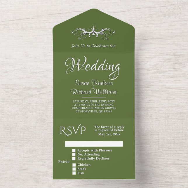 Trendy Olive and White Tri Fold w Casamento Rsvp A (Interno)