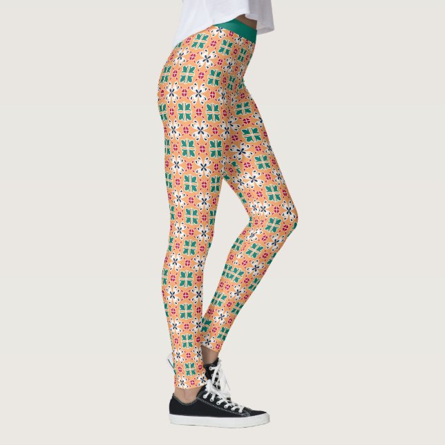 Trendy Southwestern Pattern Salmon Teal Leggings (Direita)