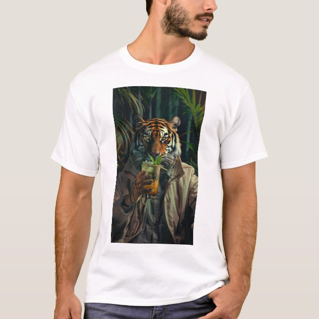 Trendy Tiger - Bebendo Café T-Shirt (Frente)
