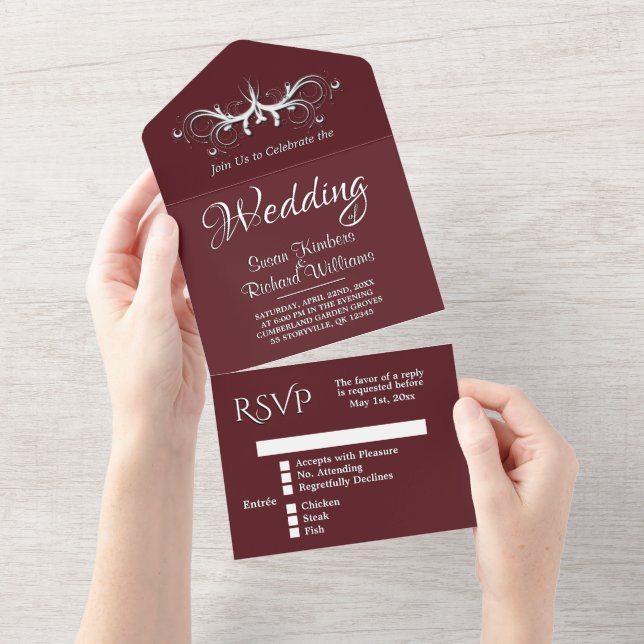 Trendy Wine and White Tri Fold w Rsvp Weding (Aba destacável)