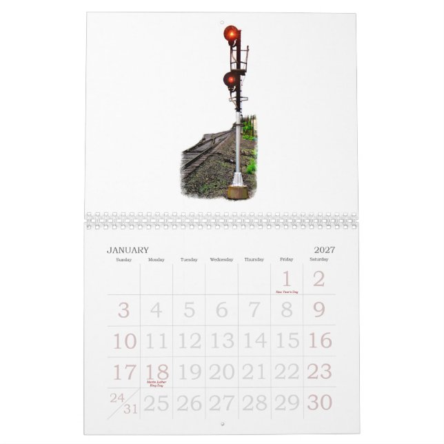 Trens & calendário de parede do cenário da estrada (Jan 2027)