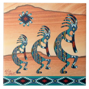 Três azulejos cerâmicos Turquoise Kokopelli