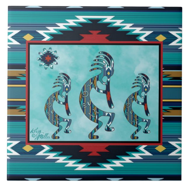 Três azulejos cerâmicos Turquoise Kokopelli (Frente)