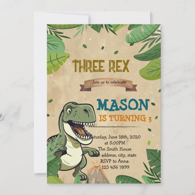 TRÊS convite de aniversário para dinossauros REX (Frente)