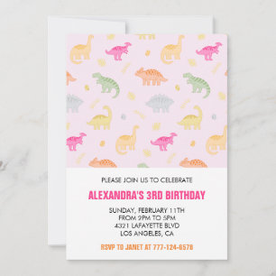 Três convites de aniversário rex colorido rosa