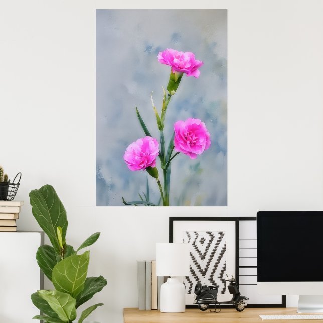 Três Cravos Rosa Jardim de Flores Arte Poster (Escritório em casa)