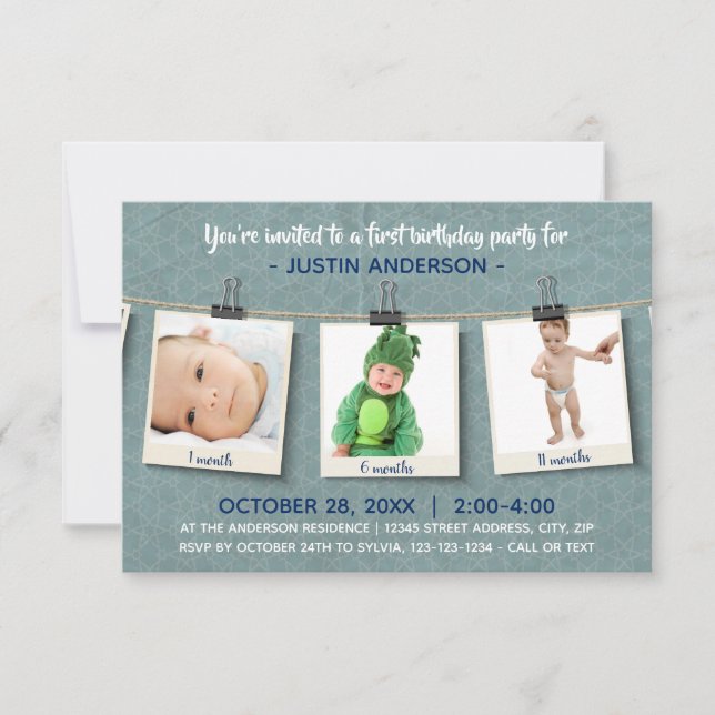 Três fotos no Convite de aniversário Twine-3x5 (Frente)