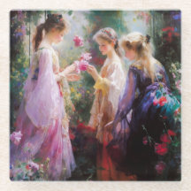 Três garotas brincando num jardim