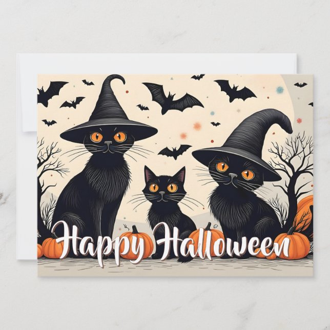 Três gatos pretos com chapéus no Halloween (Frente)