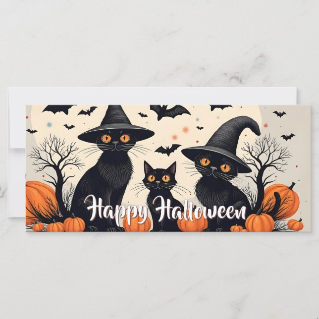 Três Gatos Pretos com Chapéus no Halloween (Frente)
