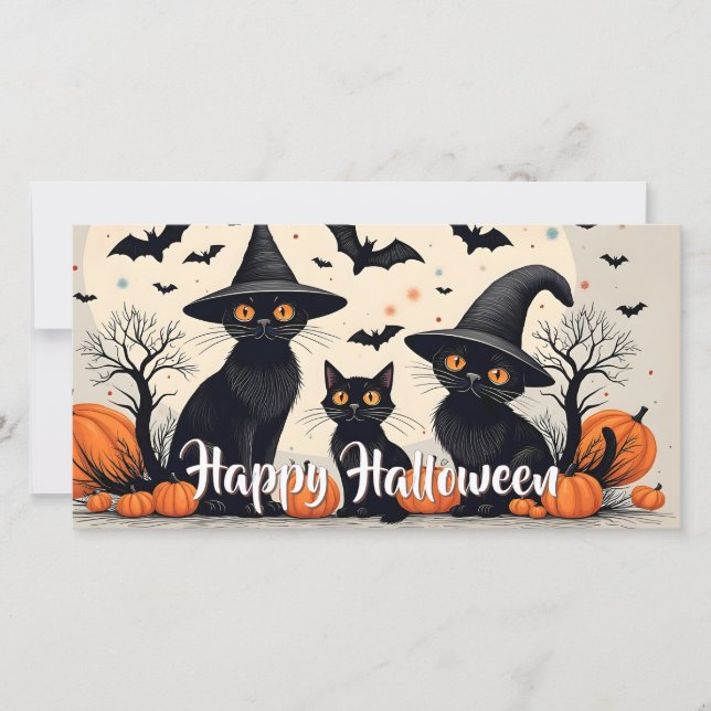 Três Gatos Pretos com Chapéus no Halloween (Frente)