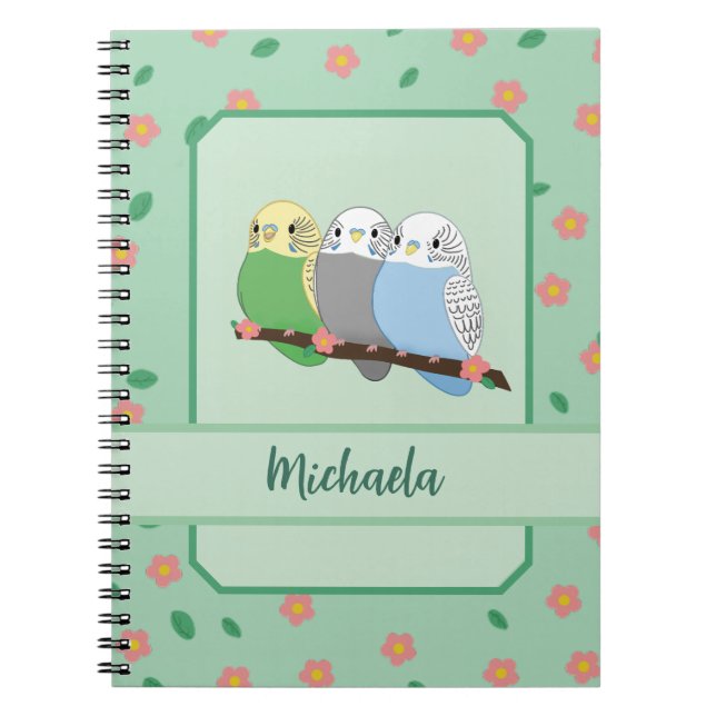 Três Lindos Periquitos Florais Caderno Espiral Cer (Frente)