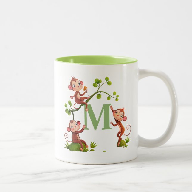 Três macacos bonitos e caneca de monograma verde (Direita)