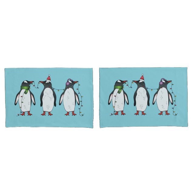 Três Pinguins de Natal Festivos em Azul Claro (Frente - conjunto)