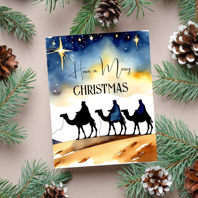 Três reis Cartões de natal religiosos (Three kings Merry Christmas greeting postcard three kings on camels under starry night sky star)