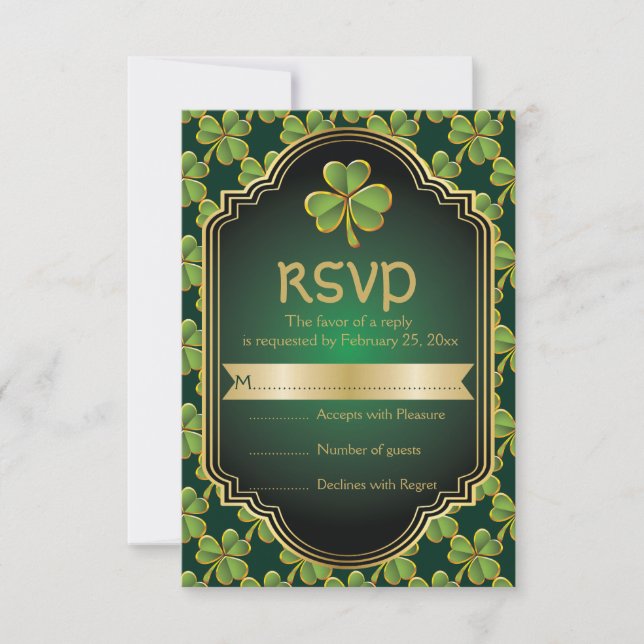 Trevo irlandês Dourado e verde e RSVP de casamento (Frente)