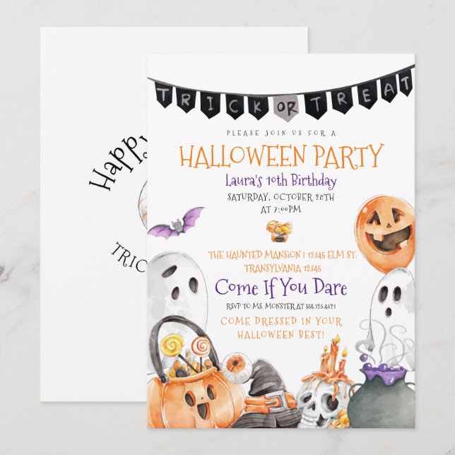 Trick ou Treine o Convite de Aniversário do Hallow (Frente/Verso)