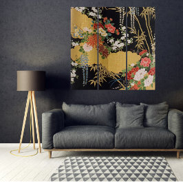 Triptych de Arte Floral Japonesa Dourada Tradicion