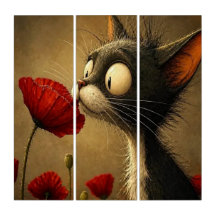 Tritíptico Gato Preto & Branco Flor Vermelha Flora