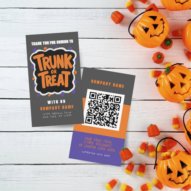 Tronco ou tratar Cartões de visitas modernos de Ha (Trunk or Treat Halloween Coupon Business Cards Pack of 100 in Orange, Gray, Purple and Black)